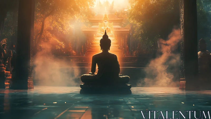 Backlit Buddha silhouette anchors misty temple axis at dawn