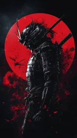 Armored samurai silhouette before red rising sun circle.