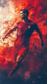 Blazing football runner carved from swirling stadium fire.