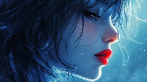 Blue-lit profile portrait isolates red-lipped melancholy gaze
