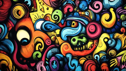 Colorful abstract cartoon shapes with swirling faces.
