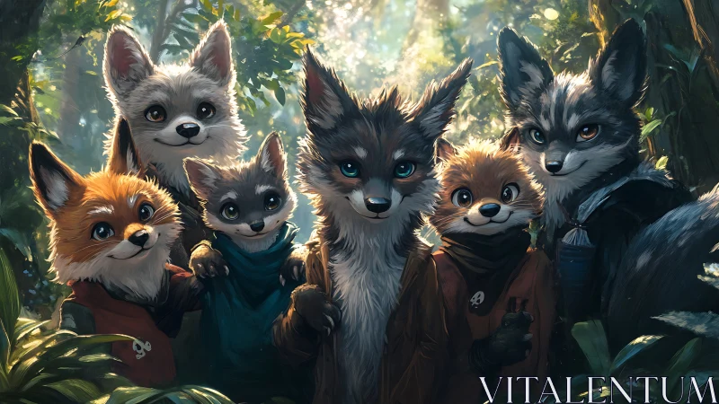 Fox adventurer group portrait in lush forest clearing.