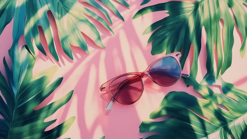 Chromatic sunglasses amid tropical leaf shadow geometry.