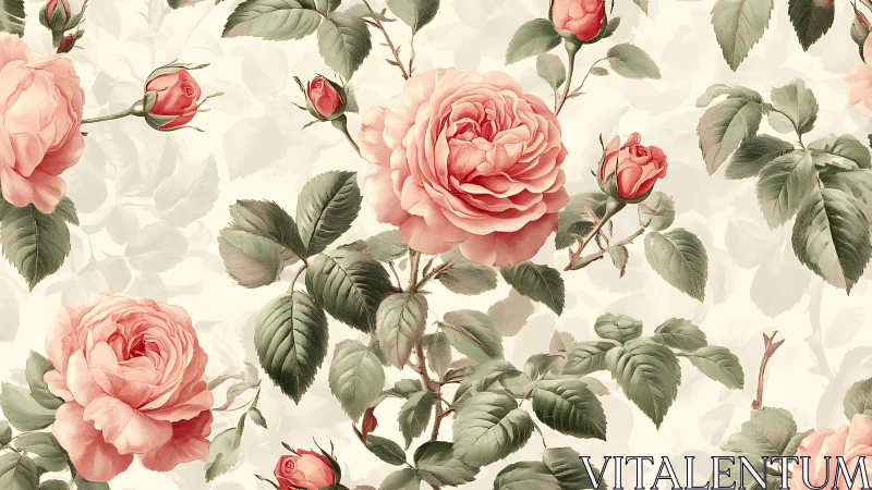Soft garden roses bloom gently across vintage leaves