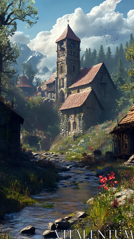 Whispering creek beneath a sunlit mountain village tower.