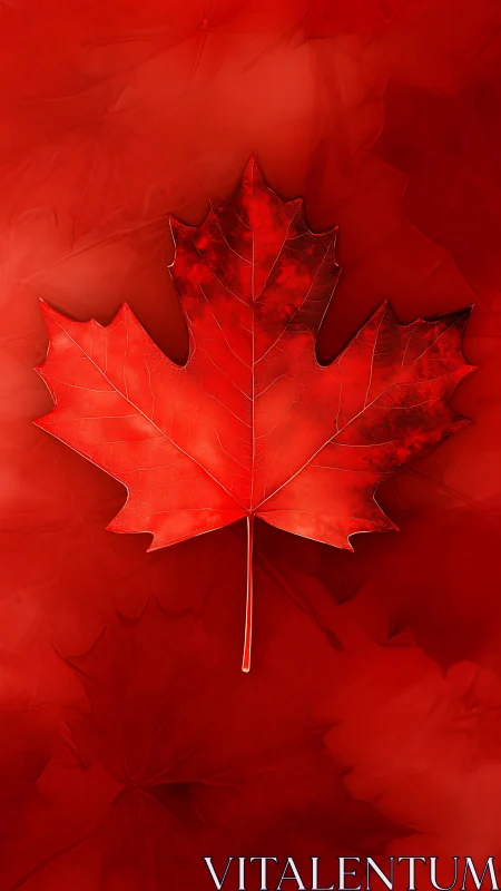 Specular-rendered maple leaf on monotone red diffusion field.