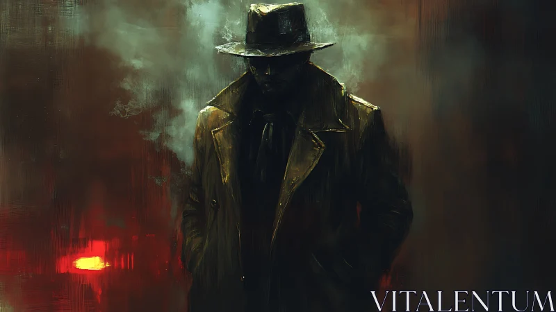 Mysterious trench coat figure in smoky, red lit alleyway.