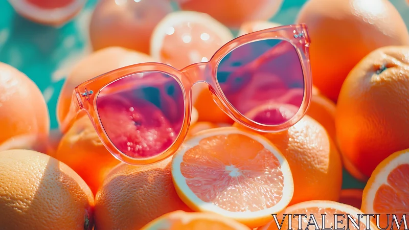 Transparent pink sunglasses rest on clustered halved oranges