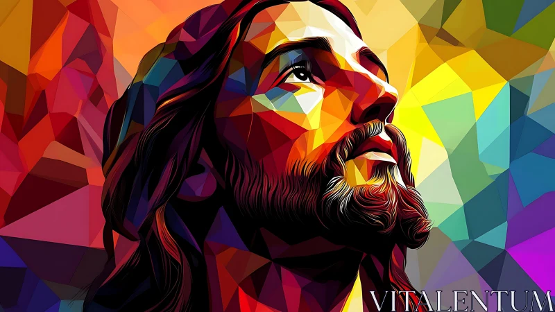 Prismatic sacred portrait bathed in radiant geometric light.
