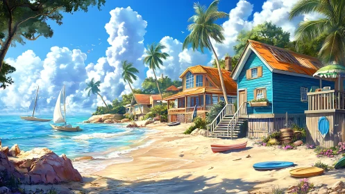 Tropical Coastal Settlement with Sailboats and Beach Architecture