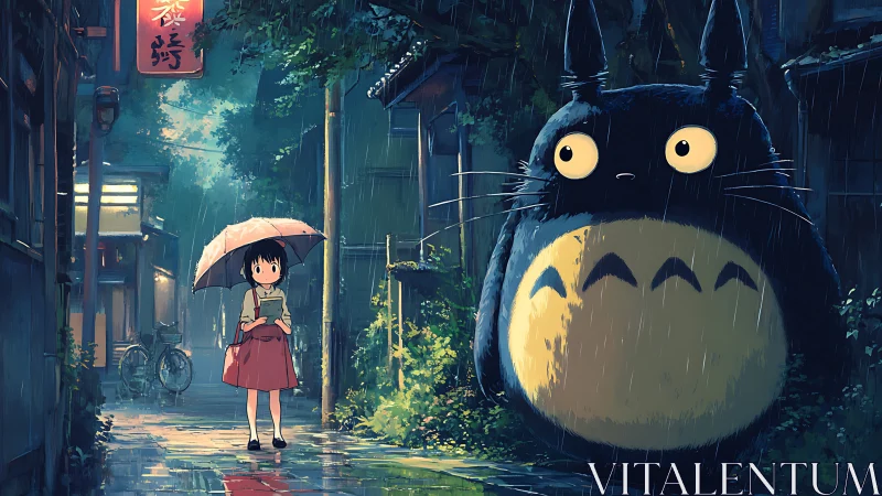 Rainlit alley encounter with gentle forest giant guardian.