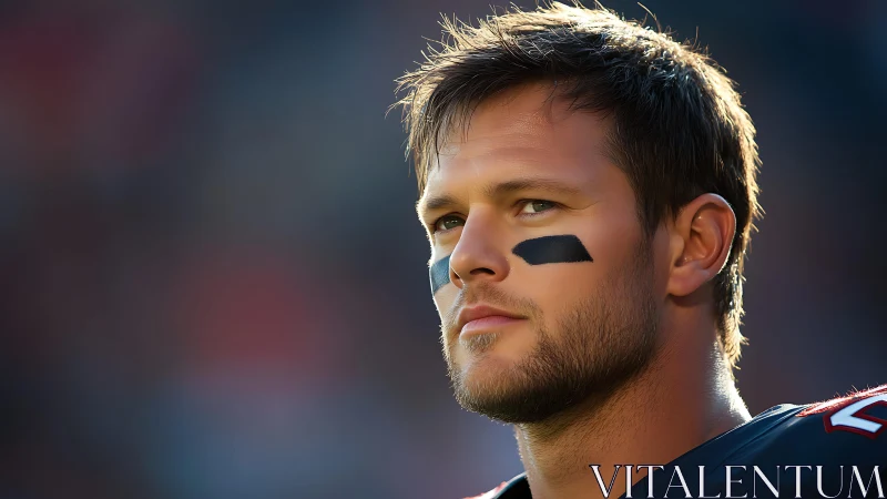 Male football player with eye black in outdoor stadium.