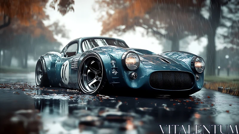 Low-slung vintage race car rests on wet autumn roadway