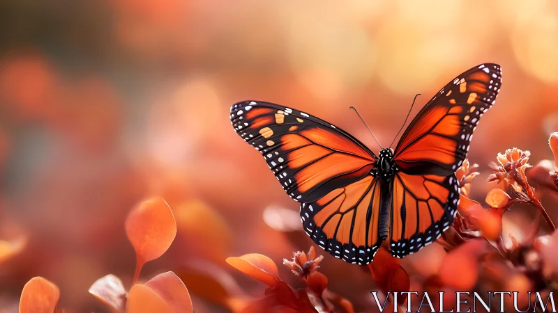 Monarch butterfly rests in glowing warm autumn garden light