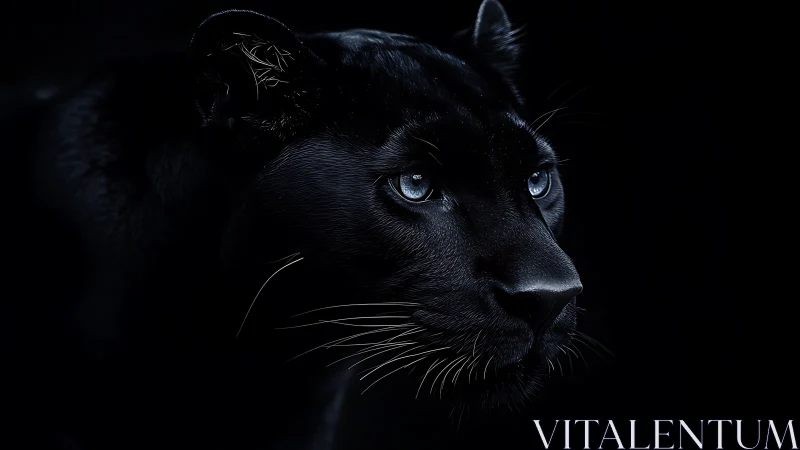 Striking black panther gazes into the darkness with piercing blue eyes.