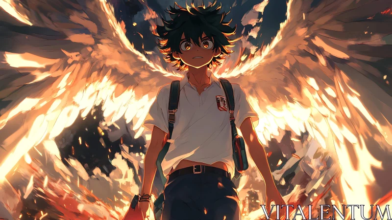 Teen figure with luminous wings stands in dynamic perspective