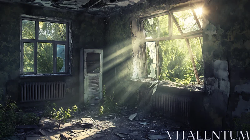 Sunlit rays pierce decayed room through broken windows