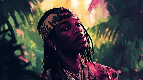 Portrait of confident man in neon jungle light exuding calm