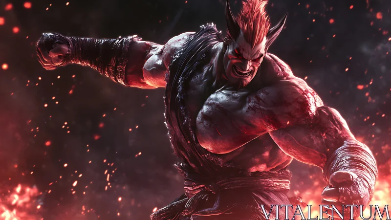 Muscular demon warrior lunges forward amid blazing embers