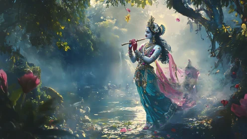 Divine flute player in luminous enchanted forest pond.