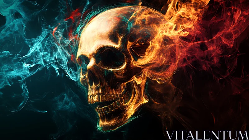 Luminous fiery skull rendered in dual-toned ethereal smoke field