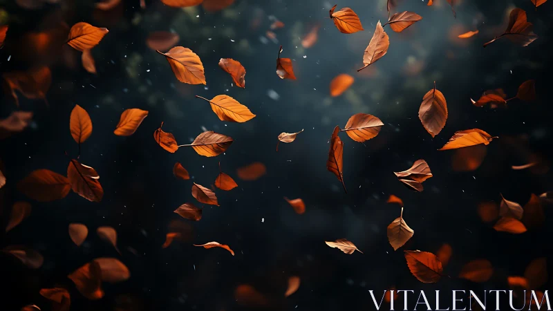 Autumn leaves spiral through moody blue woodland air.