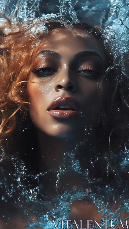 Radiant female portrait emerges through cascading blue water