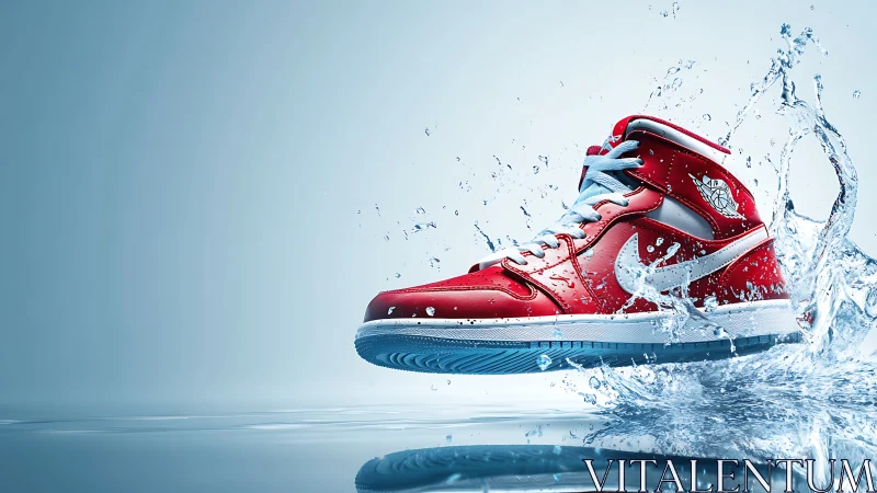 Red athletic sneaker splashing through clear water surface.