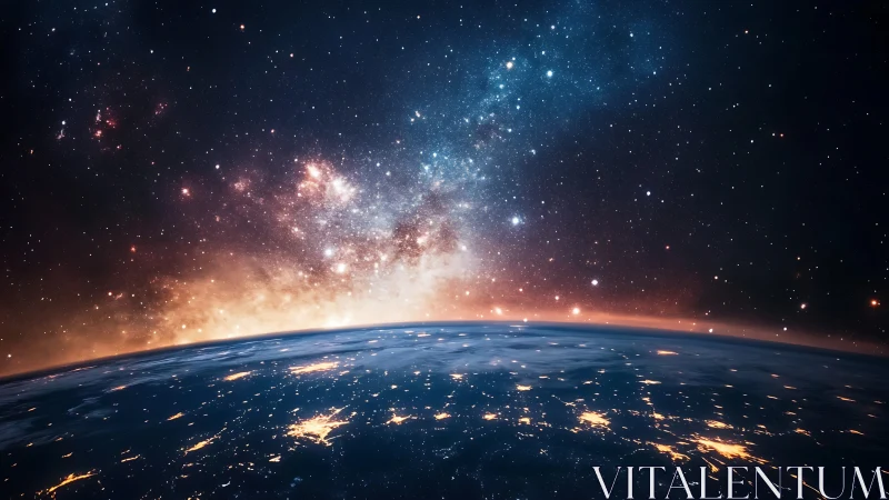 Earth&rsquo;s glowing horizon under a starlit cosmic sky.