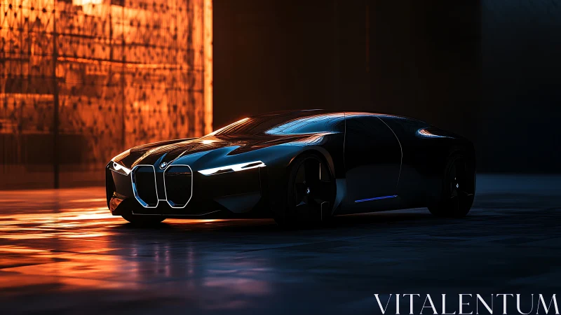 Sleek black concept car glowing in warm city twilight.