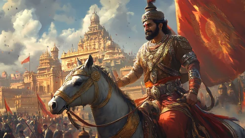 Armored horseman before monumental palace complex at dawn.