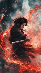 Samurai swordsman immersed in explosive elemental fire vortex.