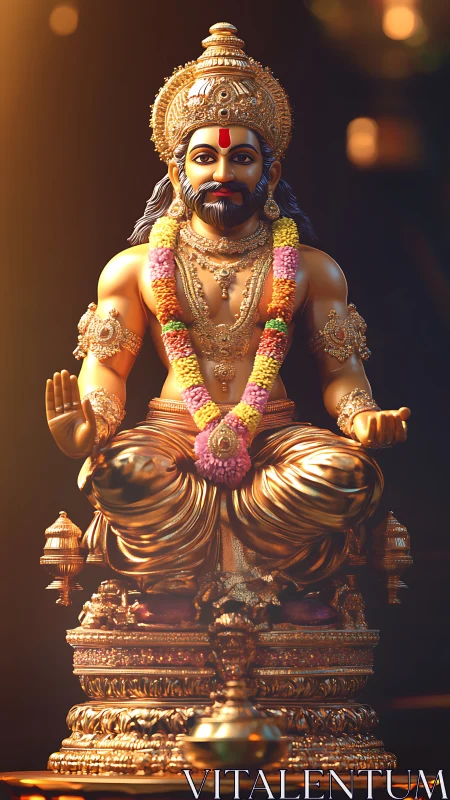 Golden seated Hindu deity statue with garland and ornaments.