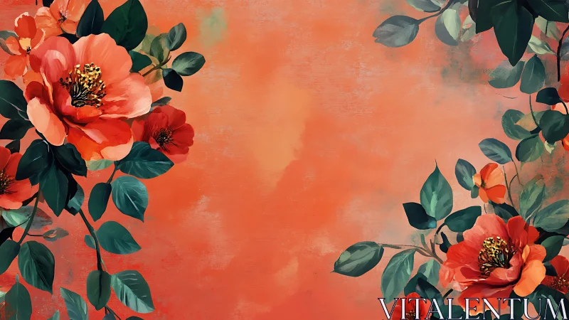 Red Peonies and Eucalyptus Botanical Composition on Coral Ground.