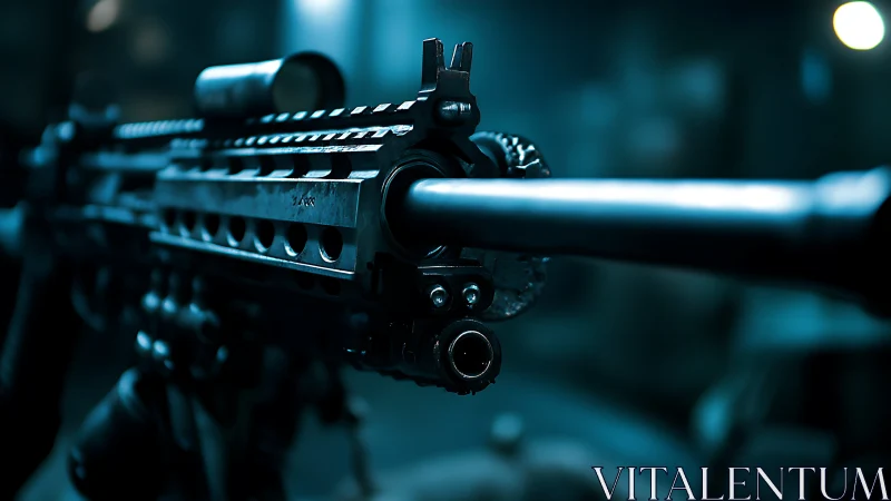 Cold steel barrel stretches into a neon washed blur of night