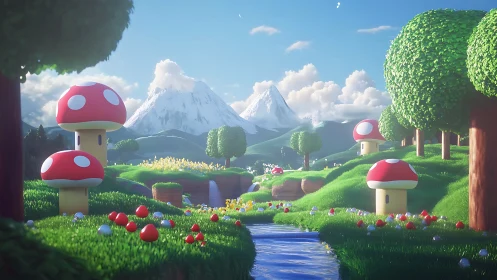 Candy-bright mushroom valley dreams beneath crystal peaks.