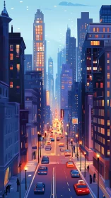 Neon dusk traffic hums softly between canyonlike towers