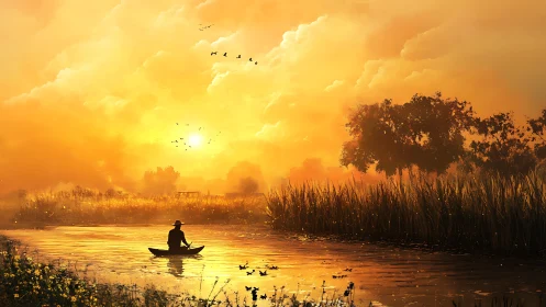 Solitary boatman on reflective river under blazing golden sunset