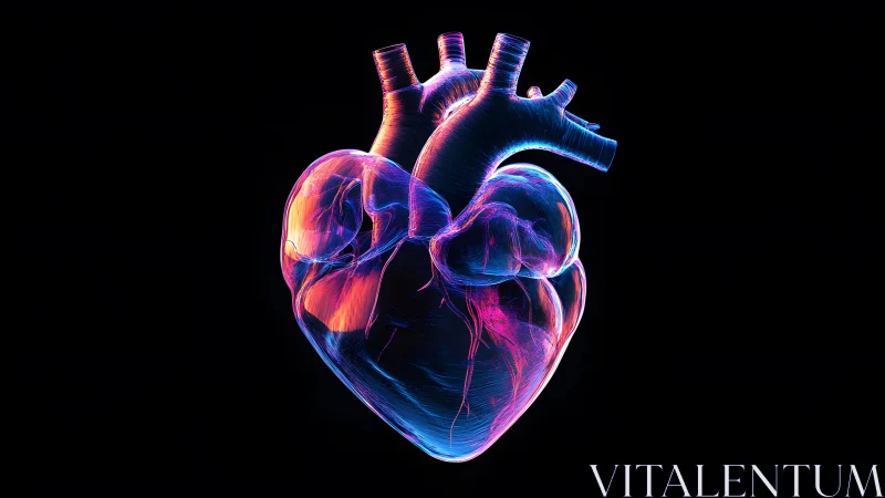 Neon glowing anatomical heart illustration on black background.