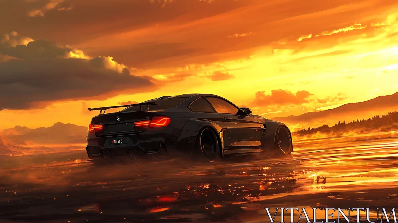 Digital painting of sports coupe on molten sunset shoreline.