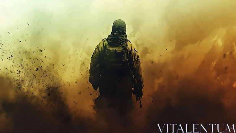 Armed soldier silhouette in dense smoke and dust field.