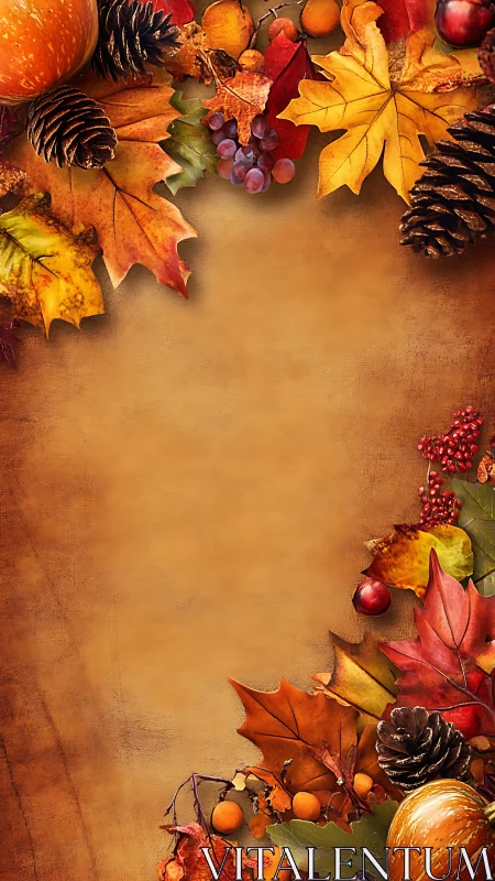 Golden autumn leaves frame cozy harvest fruits and pinecones
