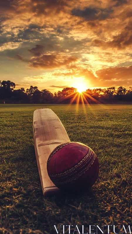 Cricket bat and ball resting under a burning sunset sky.