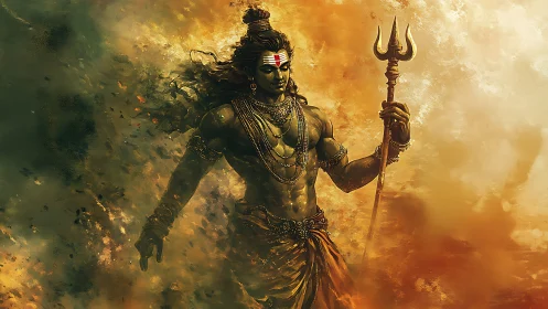 Radiant warrior deity strides through swirling golden light