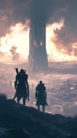 Futuristic sentinels before monolithic tower in misted metropolis.