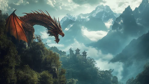 Bronze mountain dragon bends low to judge the misty citadel