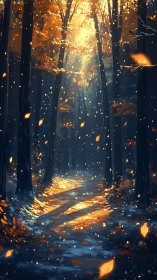 Golden Forest Path Glowing Through Autumn Trees