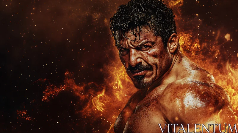 Fierce warrior rises from swirling flames and embers.