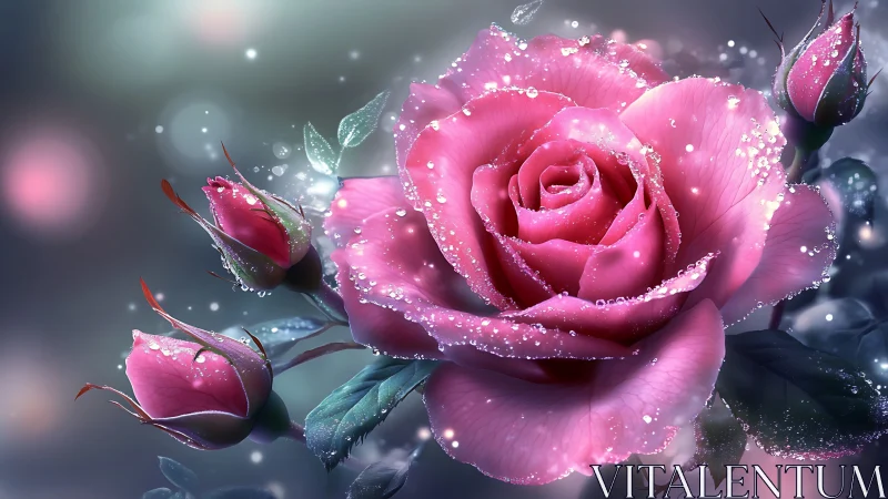 Pink Rose with Dewdrops and Buds Against Soft Background