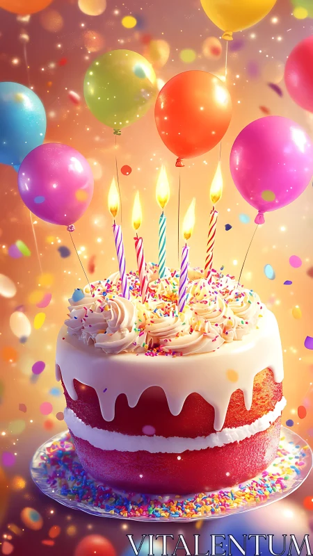 Magical Birthday Celebration: Rainbow Cake with Floating Balloons.
